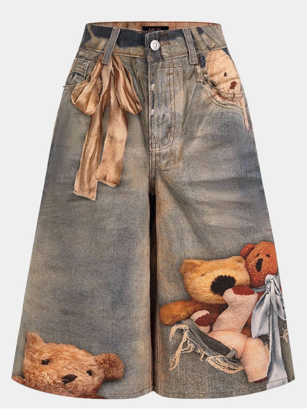 Wide-Leg Printed Women's Jeans with Teddy Motif - Beige/Blue